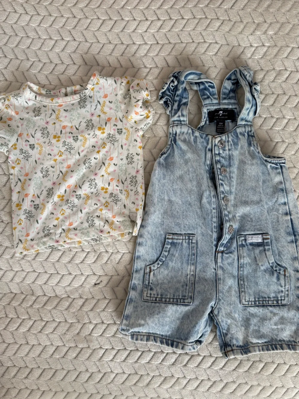 Light Wash Denim Short Ruffle-Strap Overalls and Shirt 12 Months